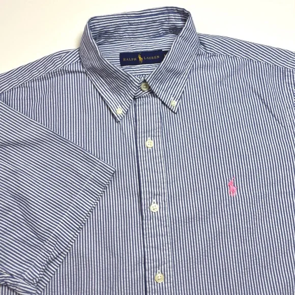 Ralph Lauren Seersucker Blue Striped  Mens Medium Short Sleeve Button Down Shirt - Picture 3 of 7